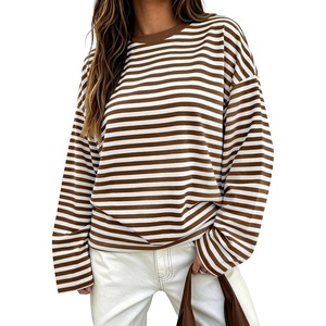 image:imageANRABESS Womens Long Sleeve Shirts Oversized Striped TopsBrown White Stripe