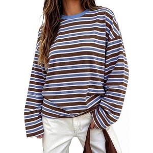 image:imageANRABESS Womens Long Sleeve Shirts Oversized Striped TopsCoffee Stripes