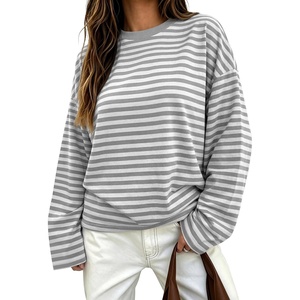 image:imageANRABESS Womens Long Sleeve Shirts Oversized Striped TopsGrey White Stripe