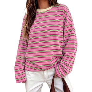image:imageANRABESS Womens Long Sleeve Shirts Oversized Striped TopsHot Pink Stripes