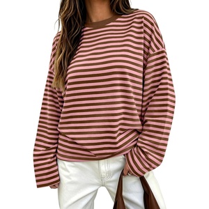 image:imageANRABESS Womens Long Sleeve Shirts Oversized Striped TopsPink Brown Stripe