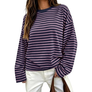 image:imageANRABESS Womens Long Sleeve Shirts Oversized Striped TopsPurple Navy Blue Stripe