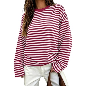image:imageANRABESS Womens Long Sleeve Shirts Oversized Striped TopsRed White Stripe