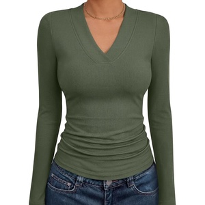 image:imageANRABESS Womens Long Sleeve Shirts V Neck Ribbed Knit Fitted Fall TopsArmy Green