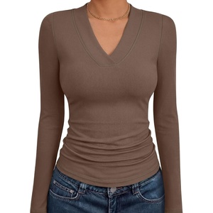 image:imageANRABESS Womens Long Sleeve Shirts V Neck Ribbed Knit Fitted Fall TopsBrown
