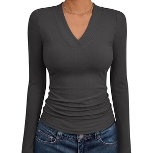 image:imageANRABESS Womens Long Sleeve Shirts V Neck Ribbed Knit Fitted Fall TopsDeep Grey