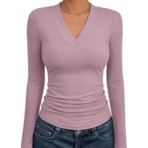 image:imageANRABESS Womens Long Sleeve Shirts V Neck Ribbed Knit Fitted Fall TopsLight Purple