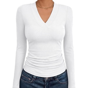 image:imageANRABESS Womens Long Sleeve Shirts V Neck Ribbed Knit Fitted Fall TopsWhite