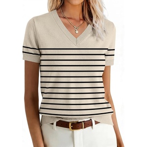 image:imageANRABESS Womens Short Sleeve Sweater Top Wool Blend Business Casual OutfitsBeige Black Stripe