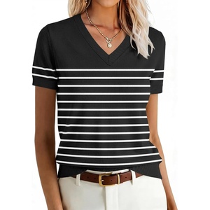 image:imageANRABESS Womens Short Sleeve Sweater Top Wool Blend Business Casual OutfitsBlack White Stripe