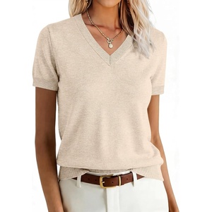 image:imageANRABESS Womens Short Sleeve Sweater Top Wool Blend Business Casual OutfitsLight Khaki