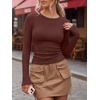image:imageANRABESS Women Long Sleeve Shirts Ribbed Fitted TopsRed Brown