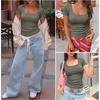image:imageANRABESS Women Short Sleeve Tops Scoop Neck Ribbed Tee ShirtsArmy Green
