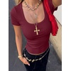 image:imageANRABESS Women Short Sleeve Tops Scoop Neck Ribbed Tee ShirtsDeep Red