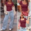 image:imageANRABESS Women Short Sleeve Tops Scoop Neck Ribbed Tee ShirtsDeep Red