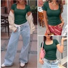 image:imageANRABESS Women Short Sleeve Tops Scoop Neck Ribbed Tee ShirtsForest Green