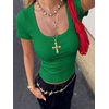 image:imageANRABESS Women Short Sleeve Tops Scoop Neck Ribbed Tee ShirtsGreen
