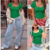 image:imageANRABESS Women Short Sleeve Tops Scoop Neck Ribbed Tee ShirtsGreen