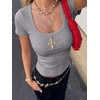 image:imageANRABESS Women Short Sleeve Tops Scoop Neck Ribbed Tee ShirtsGrey