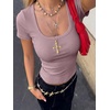 image:imageANRABESS Women Short Sleeve Tops Scoop Neck Ribbed Tee ShirtsGrey Pink