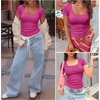 image:imageANRABESS Women Short Sleeve Tops Scoop Neck Ribbed Tee ShirtsHot Pink