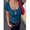 image:imageANRABESS Women Short Sleeve Tops Scoop Neck Ribbed Tee ShirtsIndigo