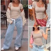 image:imageANRABESS Women Short Sleeve Tops Scoop Neck Ribbed Tee ShirtsLight Khaki