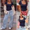 image:imageANRABESS Women Short Sleeve Tops Scoop Neck Ribbed Tee ShirtsNavy Blue