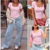 image:imageANRABESS Women Short Sleeve Tops Scoop Neck Ribbed Tee ShirtsPink
