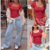image:imageANRABESS Women Short Sleeve Tops Scoop Neck Ribbed Tee ShirtsRed