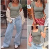 image:imageANRABESS Women Short Sleeve Tops Scoop Neck Ribbed Tee ShirtsSage Green