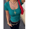 image:imageANRABESS Women Short Sleeve Tops Scoop Neck Ribbed Tee ShirtsTeal