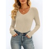 image:imageANRABESS Womens Long Sleeve Shirts VNeck Ribbed Kint Fall TopsBeige