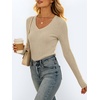 image:imageANRABESS Womens Long Sleeve Shirts VNeck Ribbed Kint Fall TopsBeige