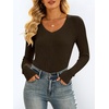 image:imageANRABESS Womens Long Sleeve Shirts VNeck Ribbed Kint Fall TopsBrown