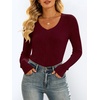 image:imageANRABESS Womens Long Sleeve Shirts VNeck Ribbed Kint Fall TopsBurgundy