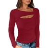 image:imageANRABESS Womens Ribbed Cutout Long Sleeve Shirts Slim Fit Going Out TopsRed
