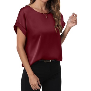 image:imageANRABESS Blouse for Women Dressy Casual Stain Top Short Sleeve ShirtsWine Red