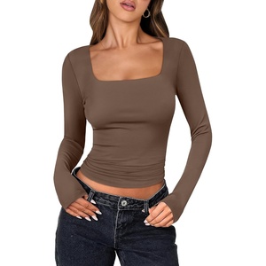 image:imageANRABESS Long Sleeve Shirts for Women Double Lined Crop TopsBrown
