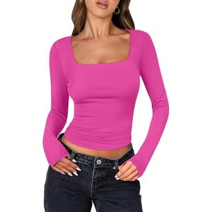image:imageANRABESS Long Sleeve Shirts for Women Double Lined Crop TopsHot Pink
