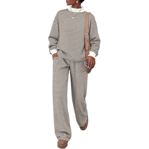 image:imageANRABESS Two Piece Sets for Women Striped Lounge SetLight Brown White Stripe