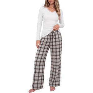 image:imageANRABESS Women 2 Piece Lounge Pajamas Sets 2026 Fall OutfitsWhite Brown Plaid