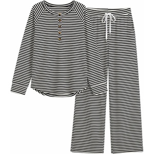 image:imageANRABESS Women 2 Piece Outfits Lightweight Fleece Fall Matching Lounge SetsBlack White Stripe