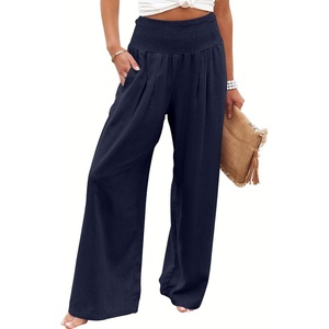 image:imageANRABESS Women Linen Palazzo Wide Leg Pants with PocketsNavy Blue
