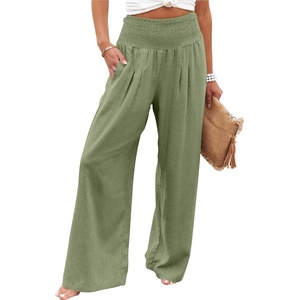 image:imageANRABESS Women Linen Palazzo Wide Leg Pants with PocketsOlive