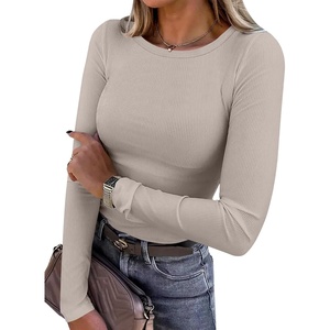 image:imageANRABESS Women Long Sleeve Shirts Ribbed Fitted TopsDark Khaki