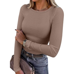 image:imageANRABESS Women Long Sleeve Shirts Ribbed Fitted TopsLight Khaki