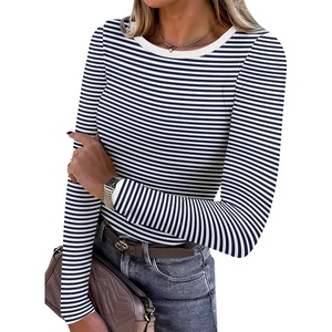 image:imageANRABESS Women Long Sleeve Shirts Ribbed Fitted TopsNavy Blue White