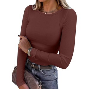 image:imageANRABESS Women Long Sleeve Shirts Ribbed Fitted TopsRed Brown
