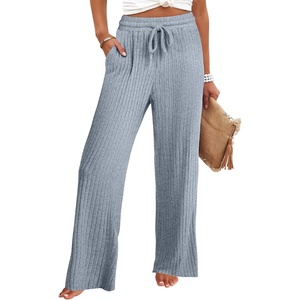 image:imageANRABESS Women Ribbed Knit Wide Leg Lounge Pajama Pants with PocketsBlue